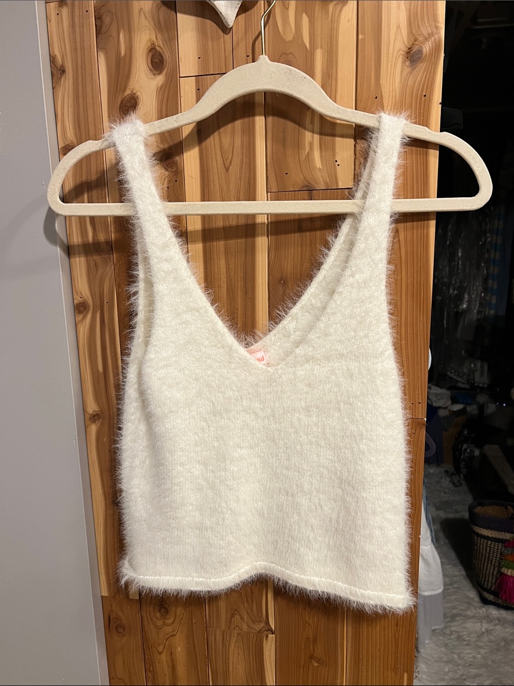 re:named Fuzzy V-Neck Tank Top - White